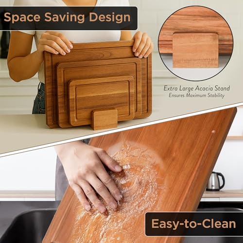 Set de 11 tablas de cortar de madera de acacia, extra grandes, con soporte y ranuras profundas para jugos, ideal para charcutería y regalo miniatura 6