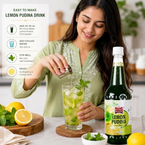 Image of RK Home Made Lemon Pudina Syrup 750ml | Premium Lemon Mint Squash | Gluten Free, 100% Vegan & Low Fat Lemon Pudina Drink Concentrate | Refreshing Fruit Squash for Water, Soda, Mocktails, Cocktails, Shakes & Summer Beverages | Beverage Mix