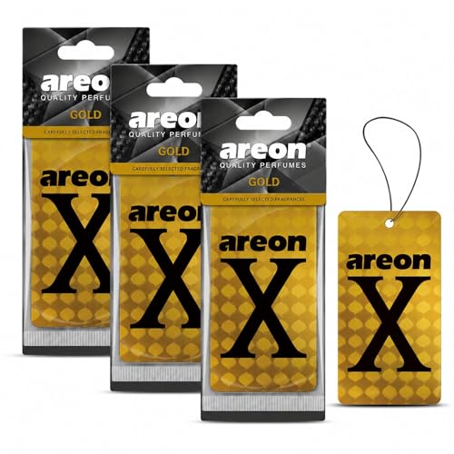 Image of AREON X Gold Hanging Car Air Freshener - Long Lasting Premium Fragrance - Elegant Vehicle Scent Freshener for Cars, SUVs, Trucks, RVs - Easy Hang Design - Stylish Interior Accessory (Pack of 3)