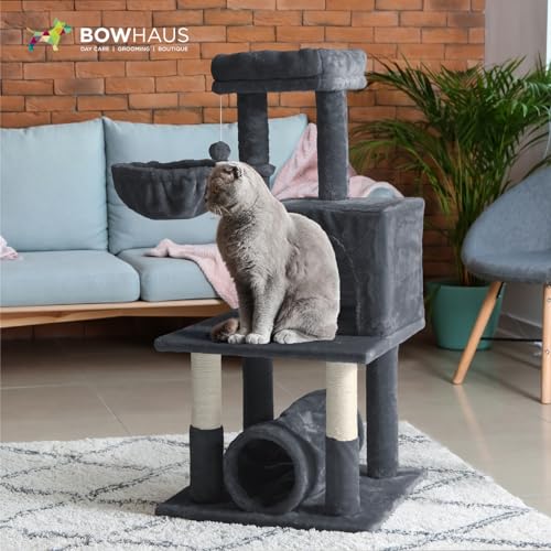 Image of BOWHAUS Tall Cat Tree for Indoor Large Cats or Kittens, Multi-Level Cat Activity Tree with Scratching Posts, Hammock, Cat Cave Condo, Modern Cute Small Cat Climbing Tower with Widened Perch