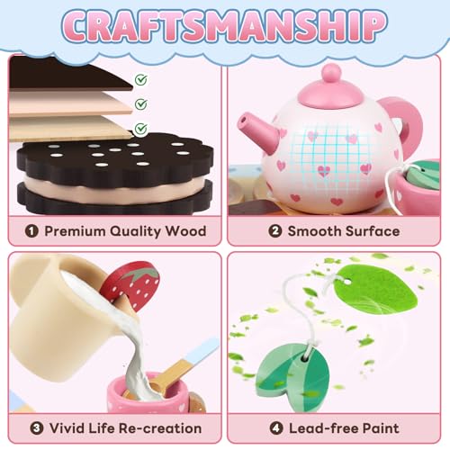 Image of Wooden Tea Set for Little Girls Birthday Gift 3 4 5 Year Old Princess Toys | Play Food Sets for Kids Kitchen Party Pretend Play Toddlers