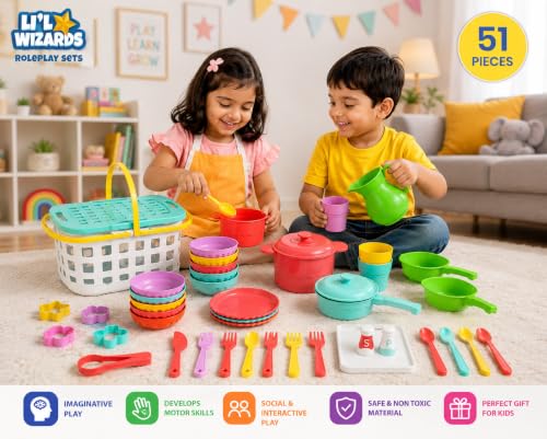 Image of Li'l Wizards Home Chef Play Set with Carry Basket|Kids Kitchen Accessories Set for for Kids Girls |Baking Cooking Playset for Girls|Pots Pans Playsets|Montessori Pretend Chef|Birthday Gifts Age 3+
