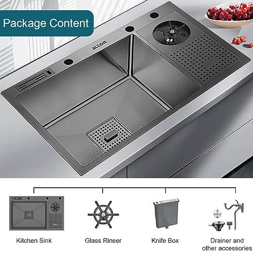 Image of ALTON HMS25065, 28x18x9 INCH, Single Bowl Handmade Kitchen Sink With Glass Rinser, Knife Box, and Basket, Balck