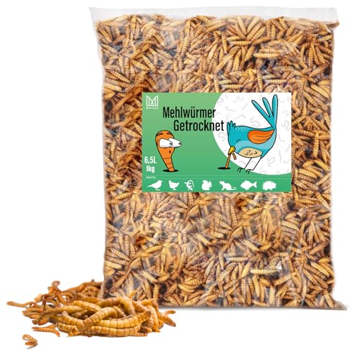 MERSJO Mehlwürmer Getrocknet - 1kg 6.5L - Natürliches Vogelfutter Wildvögel Ganzjährig, Fischfutter Teich, Hoch in Protein, Omega-3-Fettsäuren, Geruchsneutral, Geringer Feinstaub Gehalt