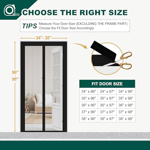 HADOR Adjustable Magnetic Screen Door Fit Door Size Width 34\" - 38\" Height 96\" - 98\", DIY Widen Heavy Duty Door Net Screen Mesh with Strong Magnet for Front Back, Black - Thumbnail 2