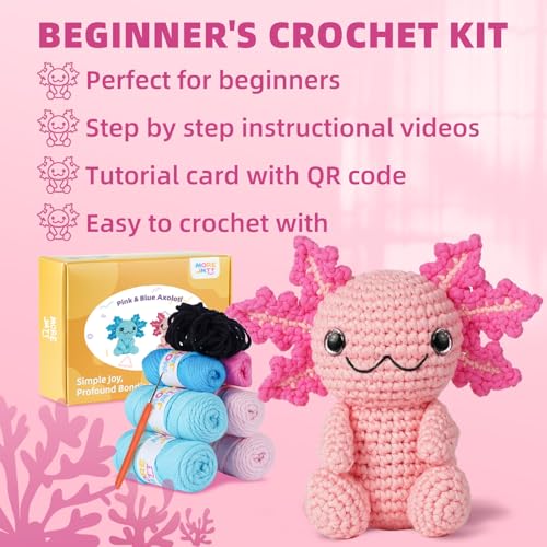 Image of MOREJMTT Crochet Kit for Beginners, Crochet Animal Kits,Crocheting Kit for Starters with Step-by-Step Video Tutorials, Beginner Crochet Kits for Adults (2Pack Axolotl)