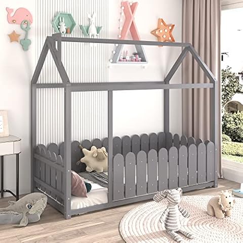 Keebgyy Single Bed Wooden House Bed Frame for Kids, 3ft Wood Treehouse Bed with Pine Wood Cabin Bed, Floor Bed for Children, Teens, Girls, Boys (Grey) Cover