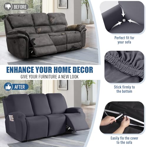Image of TAOCOCO Recliner Sofa Slipcover, 3 Pieces Polyester Fabric Stretch Sofa Covers for 3 Seat Reclining Couch, Soft Washable Furniture Protector with Pockets (3 Seat, Dark Gray)