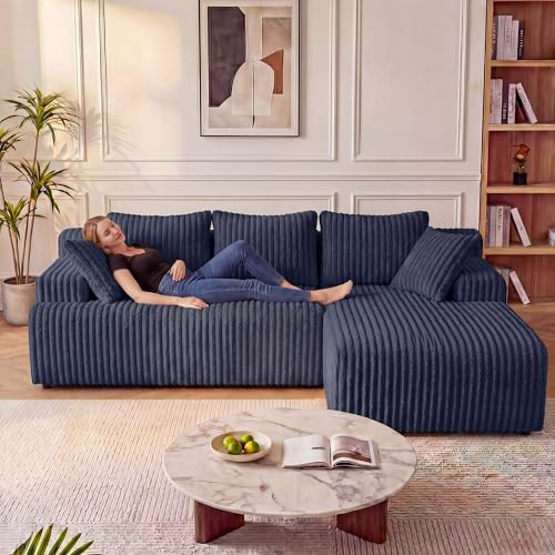 Image of LAUSAINT HOME 96 inch Modular Sectional Sofa Couches, L-Shaped Boneless Cloud Sofa with 3 Deep Seat, 5 Cushiones Oversized Chaise for Living Room, Bedroom, Plush Corduroy Fabric (Right, Navy Blue)