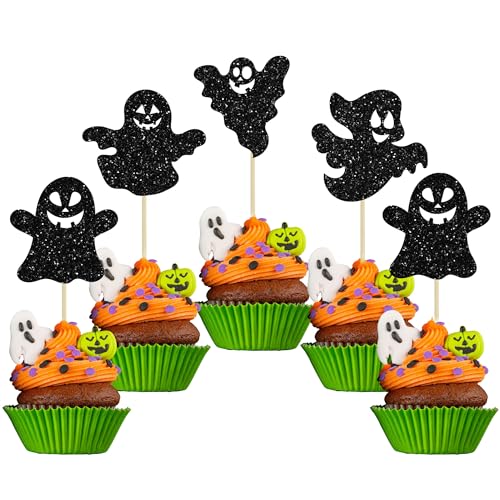 Gyufise 24pcs Halloween Ghost Cupcake Toppers - Black Glitter, Baby Shower & Gender Reveal Decorations