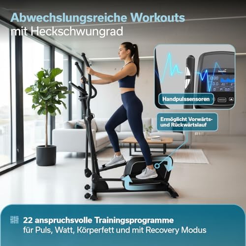 Skandika Crosstrainer für Zuhause Fint P8-R | Heimtrainer leise, 32 Stufen, 22 Programme, bis 120 kg, Kinomap App kompatibel, 8 kg Schwungmasse, Ellipsentrainer | Ellipsen Crosstrainer Fitness Sport
