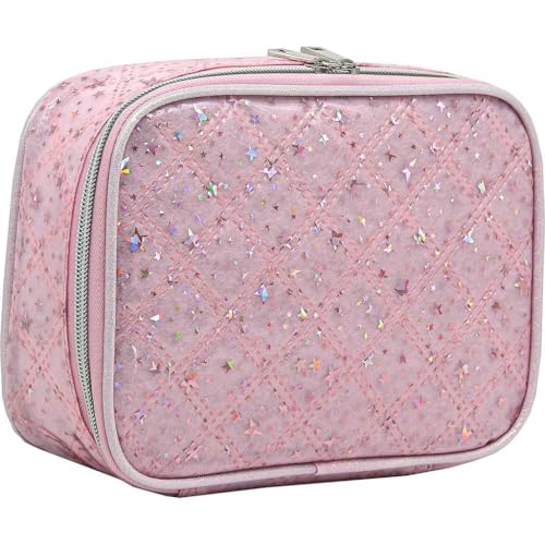Estojo Box, Verniz Glitter Rosa Bebê, Estampa Glitter com Estrelas, Com Divisões Para 100 Pens