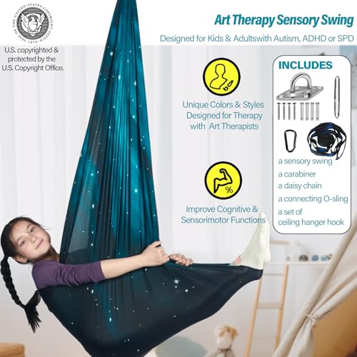 HiChrote Sensory Swing for Kids Holds up to 300lbs Indoor & Outdoor Therapy Cuddle Swing with Hammock Hooks Hanger Kit for Calming, Effect for Autism, ADHD or SPD. (Space Teal) - Image 3
