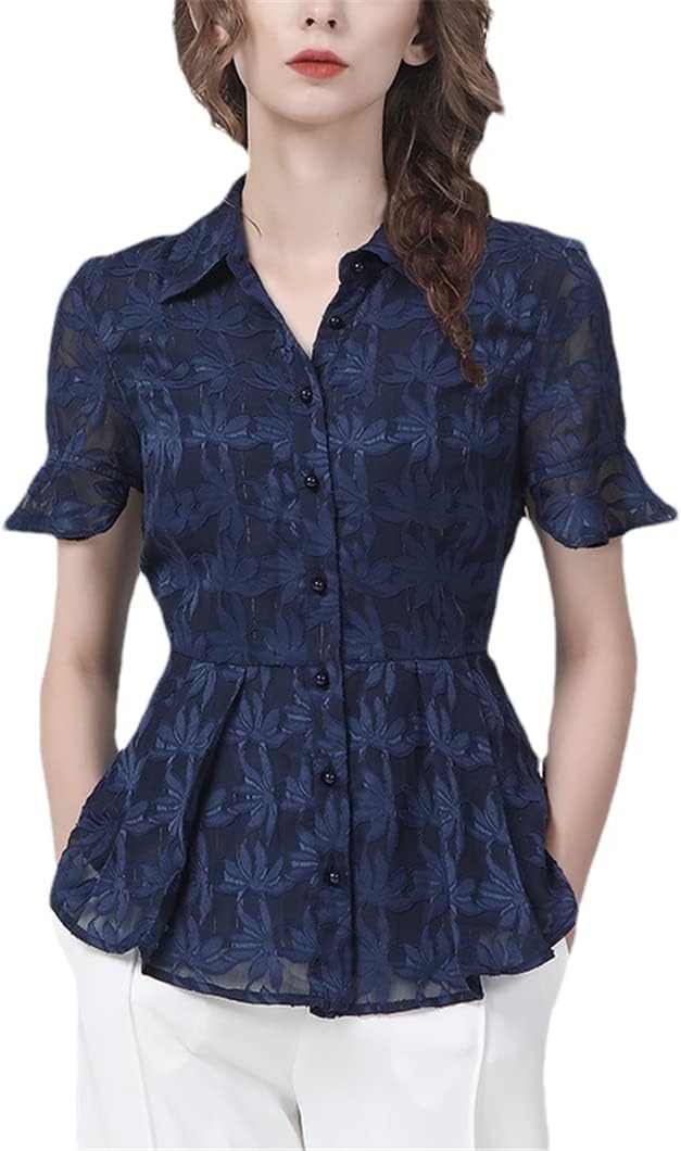 Ladies Embroidery Floral Chiffon Blouse Slim Summer Tops Turn-Down Collar Work Casual Shirts