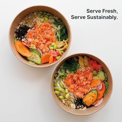 Image of Disposable Round Paper Containers with Lids | Takeout Containers for Hot /Cold Foods, Soup, Salad, Dessert, Pasta, Noodles | Microwavable, Leak-Proof Food Storage Containers- 1300ml, 15 Pack