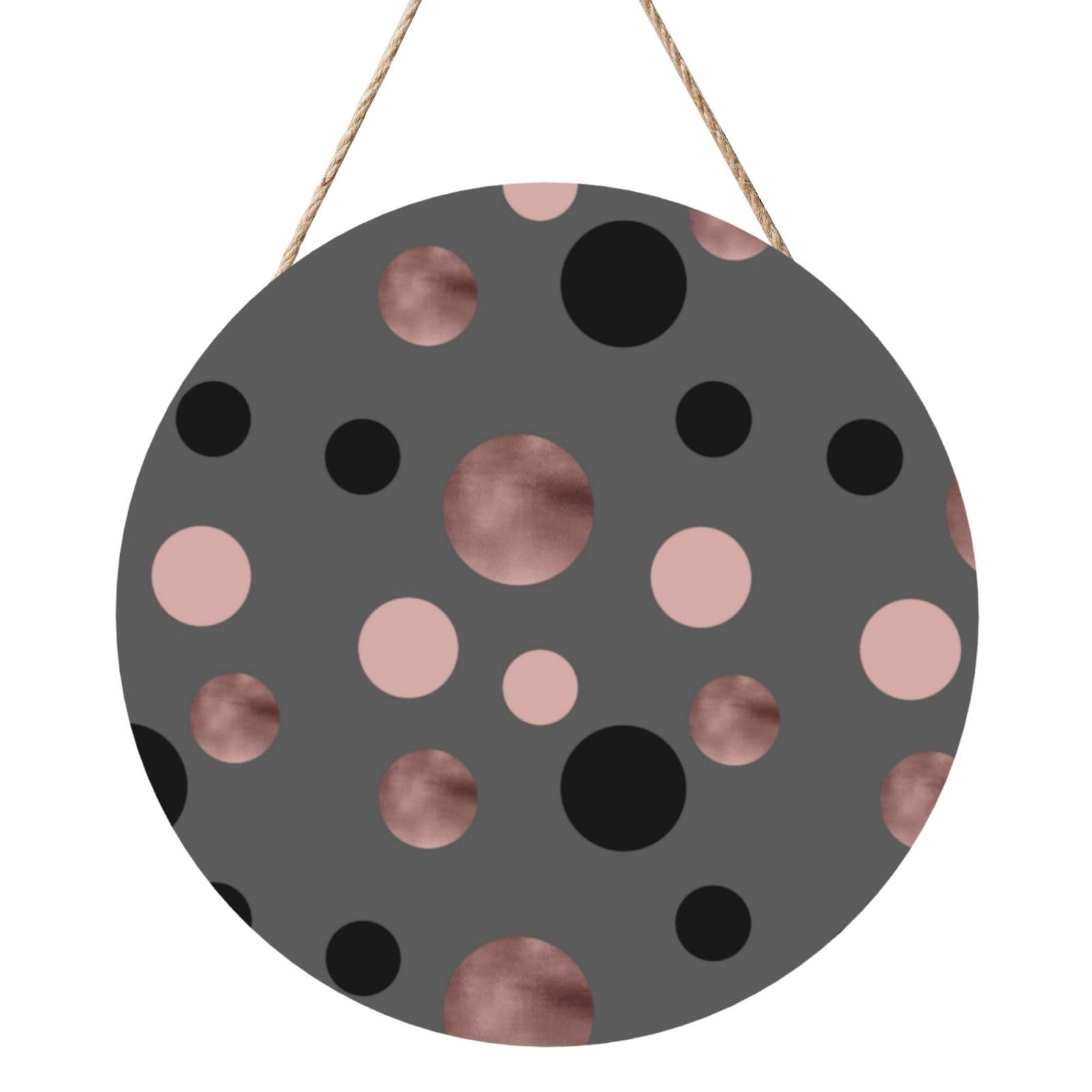 InOmak Elegant Faux Pink Black Circles, Round Wood Panel Painting 12 in, Wall Hanging Painting For Home