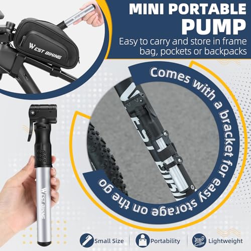 Image of Bicycle Pump Mini Bike Pump - Aluminum Alloy Cycle Pump for Presta & Schrader Valve, Portable Lightweight Bike Tyre Pump Fast Tyre Inflation Mini Air Pump for Mountain Road Bike Ball Pump