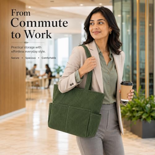 Image of Kawn Korean Tote Bag Aesthetic Corduroy Canvas Handbag for Women Zipper Casual Large Capacity Shoulder Bag with Pockets Versatile Everyday use for College Work Travel & Shopping