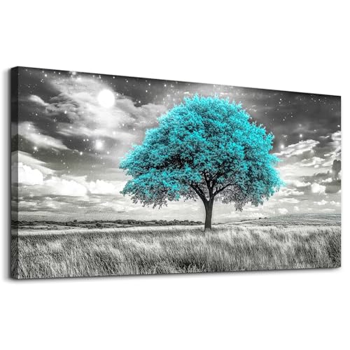 KELIYUAN Modern Canvas Print Wall Art Blue Tree Painting Full Of Stars Black And White Art pictures Natural Landscape Wall Decoration Suitable For Living Room Bedroom Office Framed Stretch 20x40 In