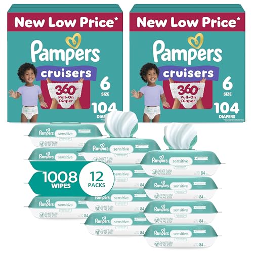 Pampers Pull On Cruisers 360° Fit Disposable Baby Diapers Size 6, 2 Months Supply (2 x 104 Count) with Sensitive Water Based Baby Wipes 12X Multi Pack Pop-Top and Refill (1008 Count) - image 1