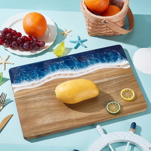 Tabla de cortar rectangular AHANDMAKER de madera de acacia con patrón de onda azul de resina, 36 x 25 cm miniatura 4