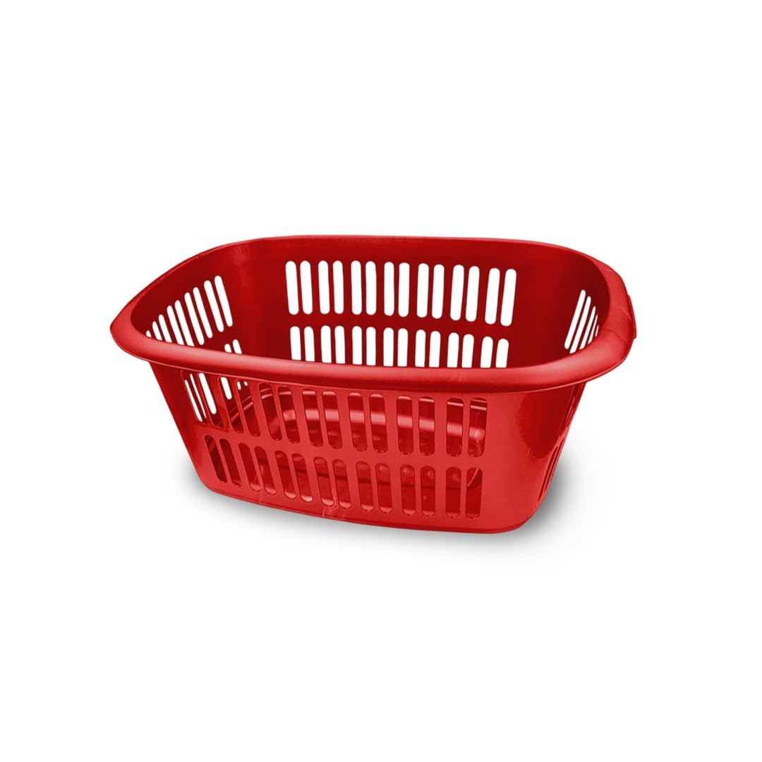 ORGANIZED Rectangular Plastic Laundry Basket, Large Clothes Hamper for Storage and Organisation (Red)