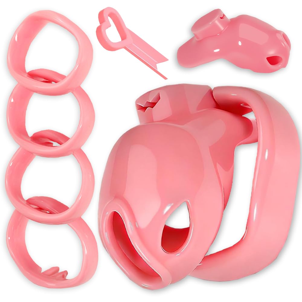 Male Metal-Free Small Sissy Chastity Cage with 2 Keys & 4 Different Rings, Mini Chastity Devices Cock Penis Cage Bondage Gear Lightweight Breathable Adults SM Sex Toys for Men (Pink)