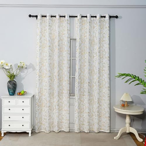 Homxi Cortinas Semitranslucidas Ventana 2 Piezas,2 x 130W x 100H CM,Cortinas para Ventanas Dormitorio Patrón de Hojas y Flores Oro Blanco Cortina Dormitorio con Ojales