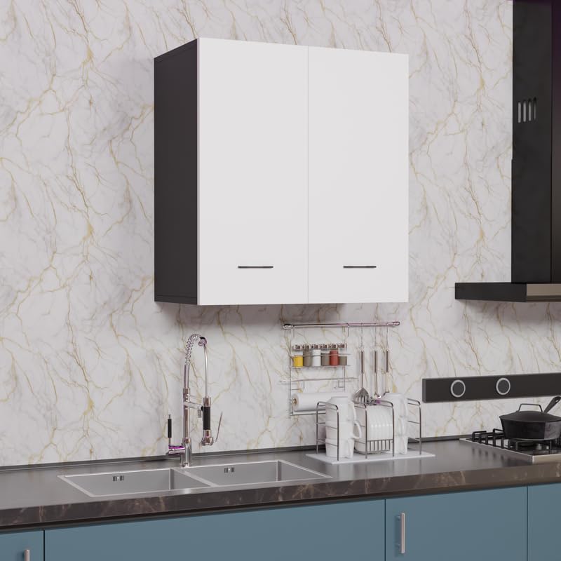 Image of 2 Door Wall Mounted Cabinet with Adjustable & Fixed Shelf | Engineered Wood Storage for Kitchen, Bathroom, Office & Living Room | DIY Assembly | Color: Grey & White | Size: 60 x 33 x 63.8 cm