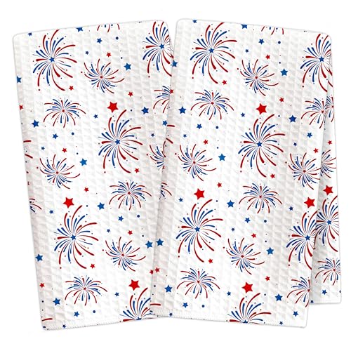 HJLLOQR 4th of July Kitchen Towels Set of 2 Patriotic Fireworks & Stars Dish Towels 16x24 Inch Independence Day Kitchen Decor Americana Decorative Towels D05