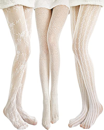 JaGely 3 Pieces Women Fishnet Hollow out Knitted Patterned Tights Chiffon Lace Stockings Tights Vertical Strips (Retro Style) One Size