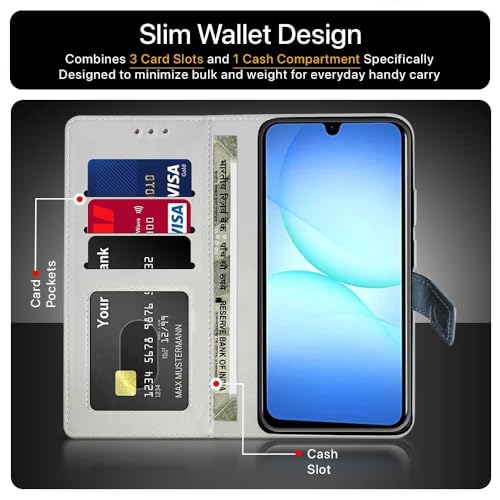 Image of FLIPPED Vegan Leather Flip Case Back Cover for Samsung Galaxy M17 5G | A17 5G | F17 5G (Flexible, Shock Proof | Hand Stitched Leather Finish | Card Pockets Wallet & Stand | Blue with Aquamarine)