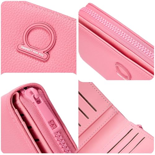 JIUFENG Bifold Credit Card Wallet for Women, Little Coin Purse with ID Window, Zipper Closure, Pink Long3
