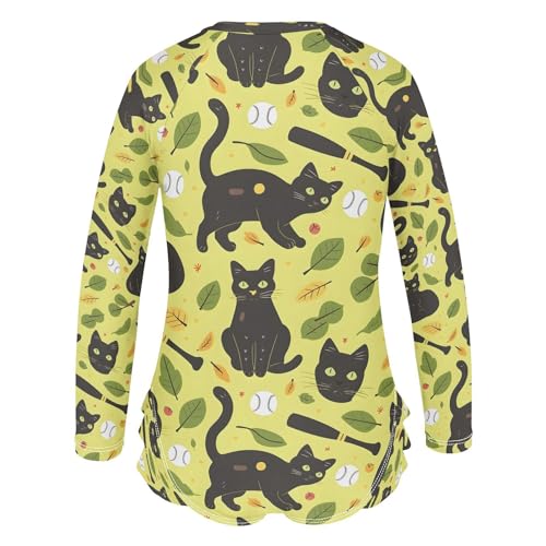 Black Cat on Yellow Girls Long Sleeve Swimsuits One Piece Zipper Bathing Suit UPF 50+ Rashguard Swimwear3