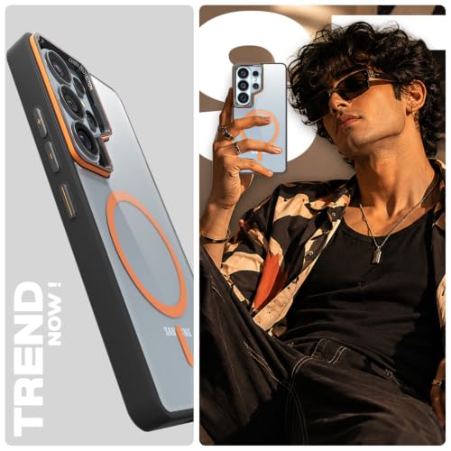 Image of Pikkme Back Cover for Samsung S26 Ultra 5G | Shockproof | Mag-Safe Compatible | Hard Transparent Back | Premium Raised Camera Protection | Bumper Case (Black & Orange Mag-Safe)