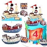 Pirate Ship Cake Topper Nautical Sailboat Model Decoration Set Gold Coins and Pirate Gems Pirate Treasure Chest Compass for Kids Pirate Birthday Party Supplies pirate cake decoration