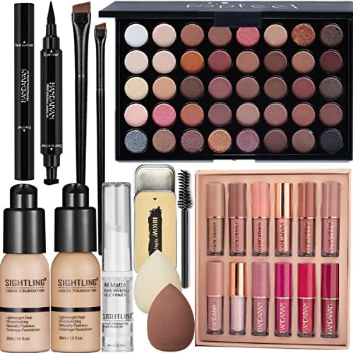 All in One Makeup Kit, Includes 40 Colors Eyeshadow Palette, SIGHTLING Foundation & Face Primer, Winged Eyeliner Stamp, Lipstick Set, Eyebrow Soap, Makeup Sponge, Makeup Gift Set for Women Full Kit