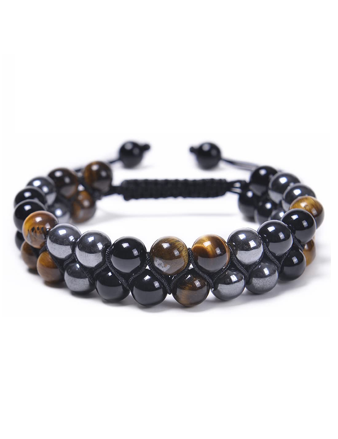 BHEGVENHealing Crystals Tigers eye Black Obsidian Hematite 8mm Stone Beads Good Luck Triple Protection Bracelet for Men Women