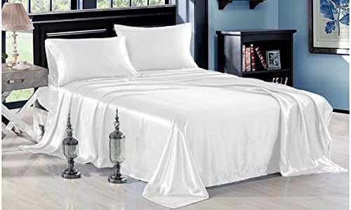 100% Pure Silk Satin Sheet Set 4pcs, Silk Fitted Sheet 15'' Deep Pocket,Silk Flat Sheet & Pillowcases Set !!! King, White
