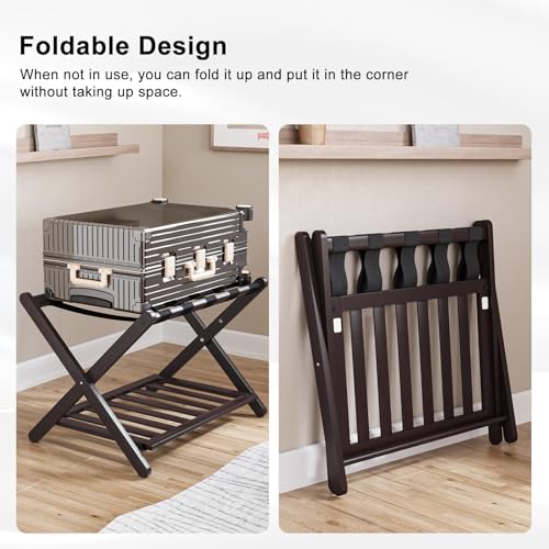 Smuxee Fully Assembled Brown Luggage Racks Pack of 2, Upgraded Bamboo Foldable Suitcase Stand with 5 Nylon Straps, Luggage Holder with Shelf for Guest Room Bedroom Hotel