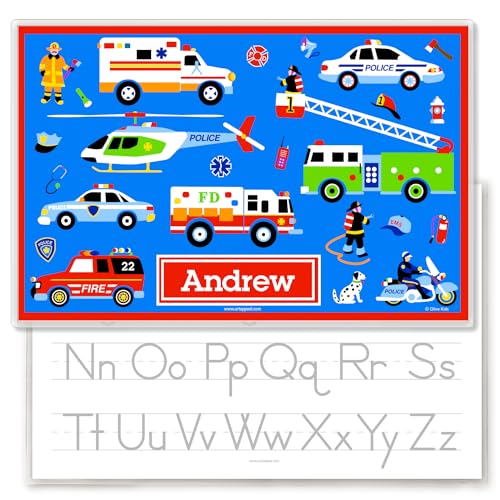Heroes Personalized Placemat for Kids, Firemen, EMT, 18 Inches x 12 Inches, Laminated, by Art Appeel