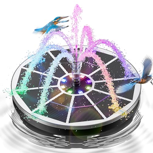 3.5W Solar Fountain,Upgraded 100% Glass Panel Solar Bird Bath Fountain with 2000mAh Battery,7 Color RGB LED Lights & 6 Nozzles,Solar Fountain for Bird Bath,Garden, Pond, Pool, Outdoor Decor(White)