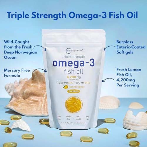 Micro Ingredients Triple Strength Omega 3 Fish Oil Supplements 4200mg Per Serving, 240 Softgels – Lemon Flavored – Burpless | EPA 1200mg + DHA 900mg | Deep Sea Fish - Image 4