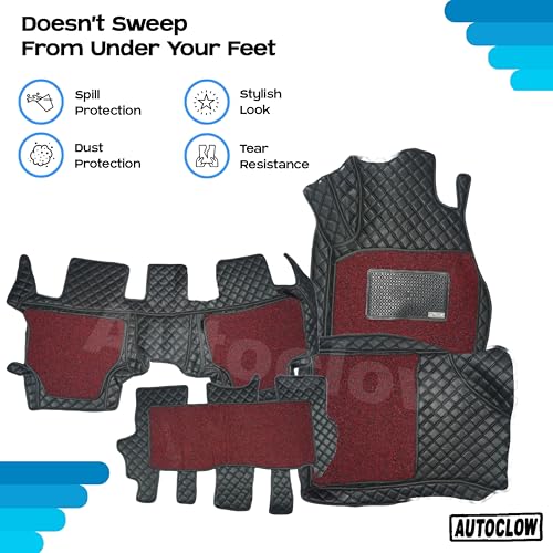 Image of Autoclow /Premium 7D Car Mat for Mahindra Bolero 7-Seater (Model : 2014-2020) || Luxury Leather Dual-Stitch 7D Car Mat Full Set || 100% Waterproof || Color : Black Stitch-RED Grass (Design-1)
