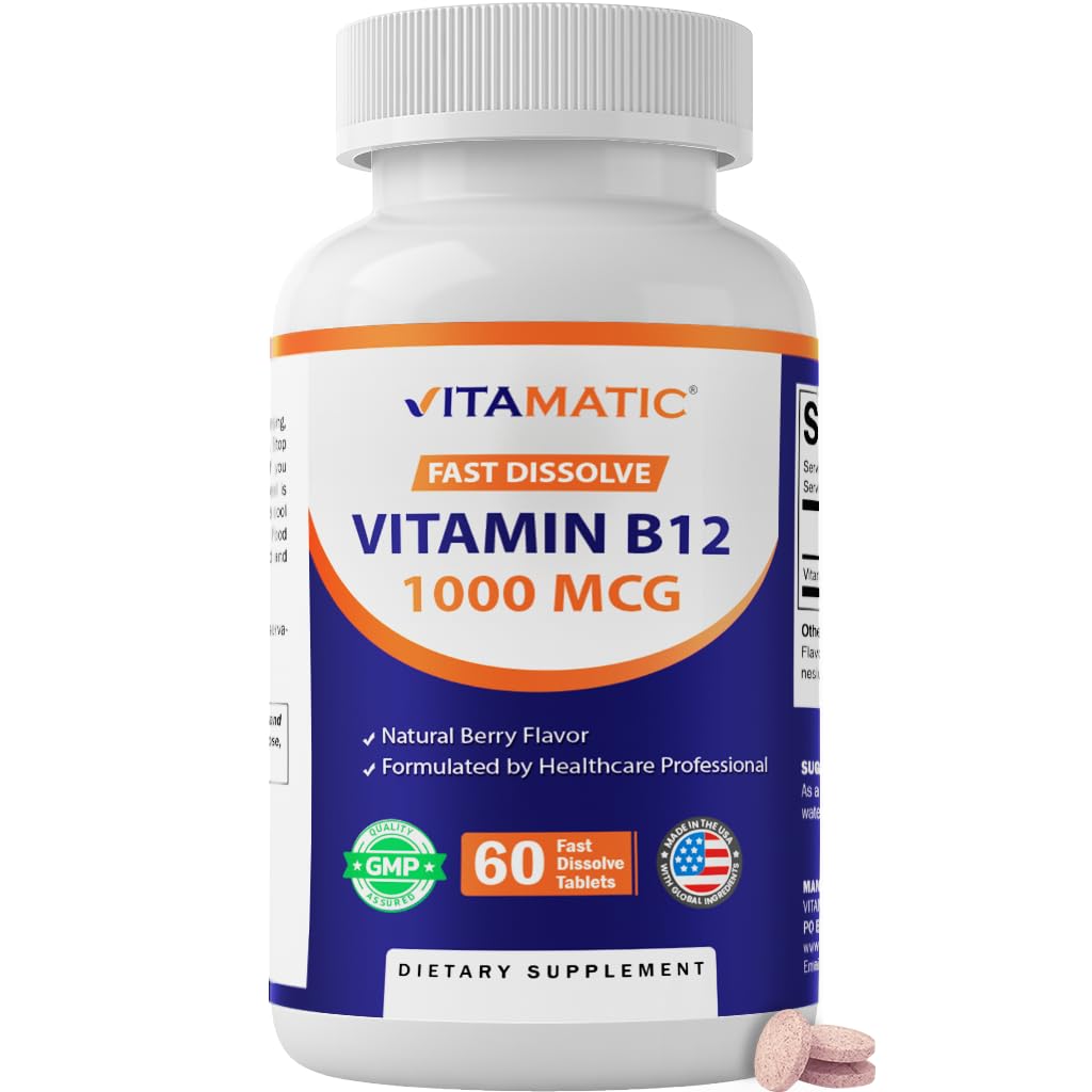 Vitamatic Vitamin B12 1000 mcg Fast Dissolve – 60 Tablets – Natural Berry Flavor – Supports Energy Metabolism & Nervous System Health