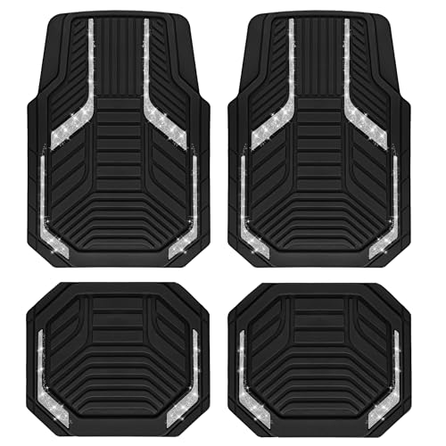 PIC AUTO Car Floor Mats, Silver Sparkly Crystal Bling Glitter Car Mats Set, Front and Rear Heavy Duty Rubber Car Mats with Anti-Slip Backing, All Weather, Trim-to-Fit for SUVs, Trucks, Sedan, Vans