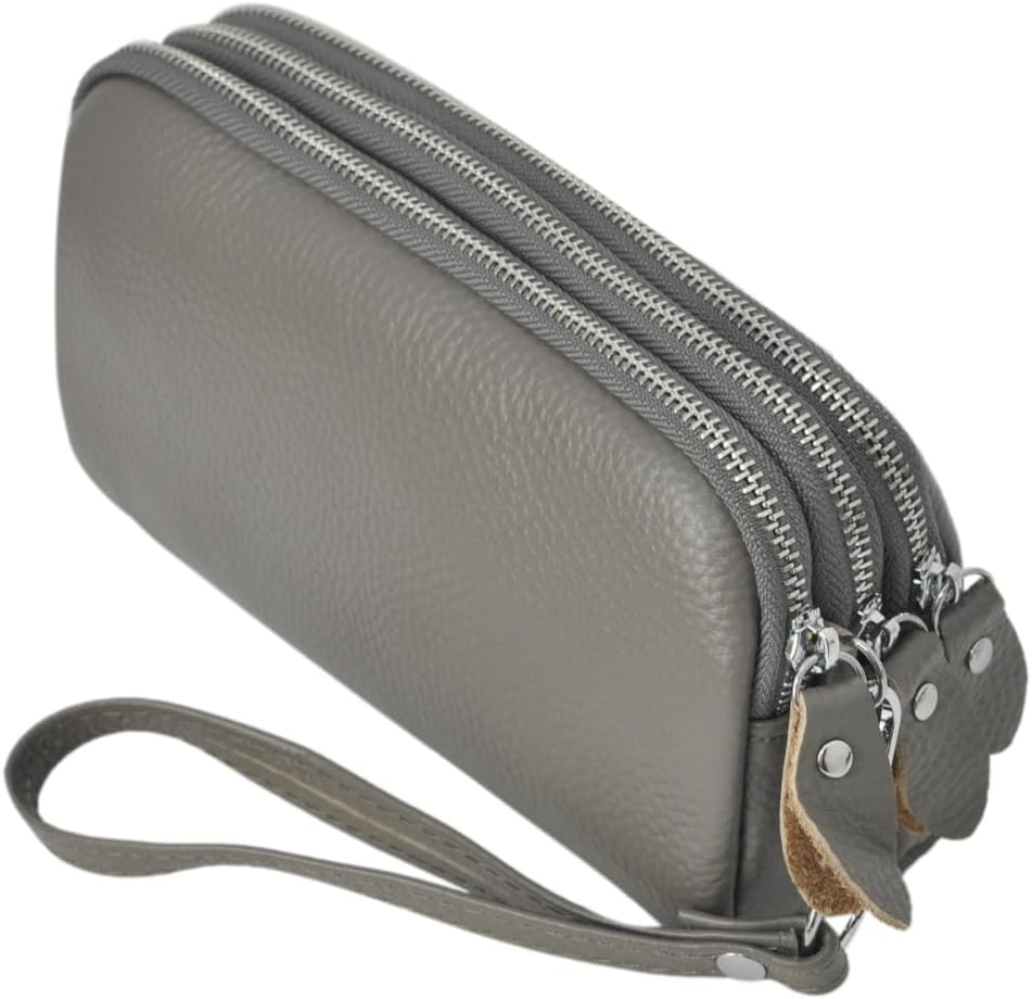 NGIL Genuine Leather Three Zippered Wristlet Handbag for Women, Large Capacity Clutch Purse, Card Case & Money Organizer