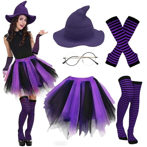 LXWINNER Disfraz bruja Mujer Halloween, Adulto Disfraz de Bruja, Falda Tutú Gorro Bruja y Medias, Gafas, Guantes Disfraces Halloween Witch Costume Adulto Disfraces Carnaval Cosplay (Morado)