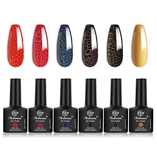 Tubran Gel Nail Polish Kit 6 Colors with Automatic Crack Series Popular Dark Shade Nail Art Colors Yellow Wine Purple Home Gel Manicure Set