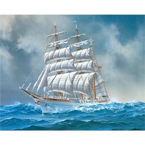 HUANGFUTAO Dipinto ad olio di barca a vela in mare, dipingi con i numeri con pennello, adulti, principianti, kit pittura a olio su tela paesaggio, pittura acrilica, regalo senza cornice 40x50 cm